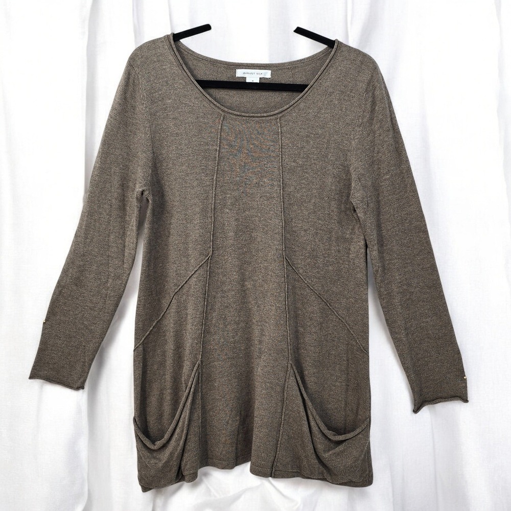 August Silk Tunic Top Long Sleeve Pockets Knit Woman Medium Brown Lagenlook Cozy